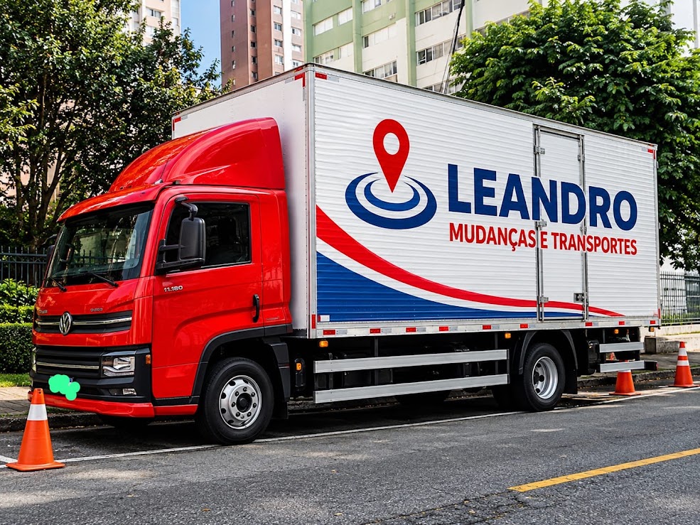 Caminhão baú vermelho da Leandro Mudanças e Transportes em frente a edifícios residenciais, ilustrando a vistoria de escadas e elevadores antes da mudança.