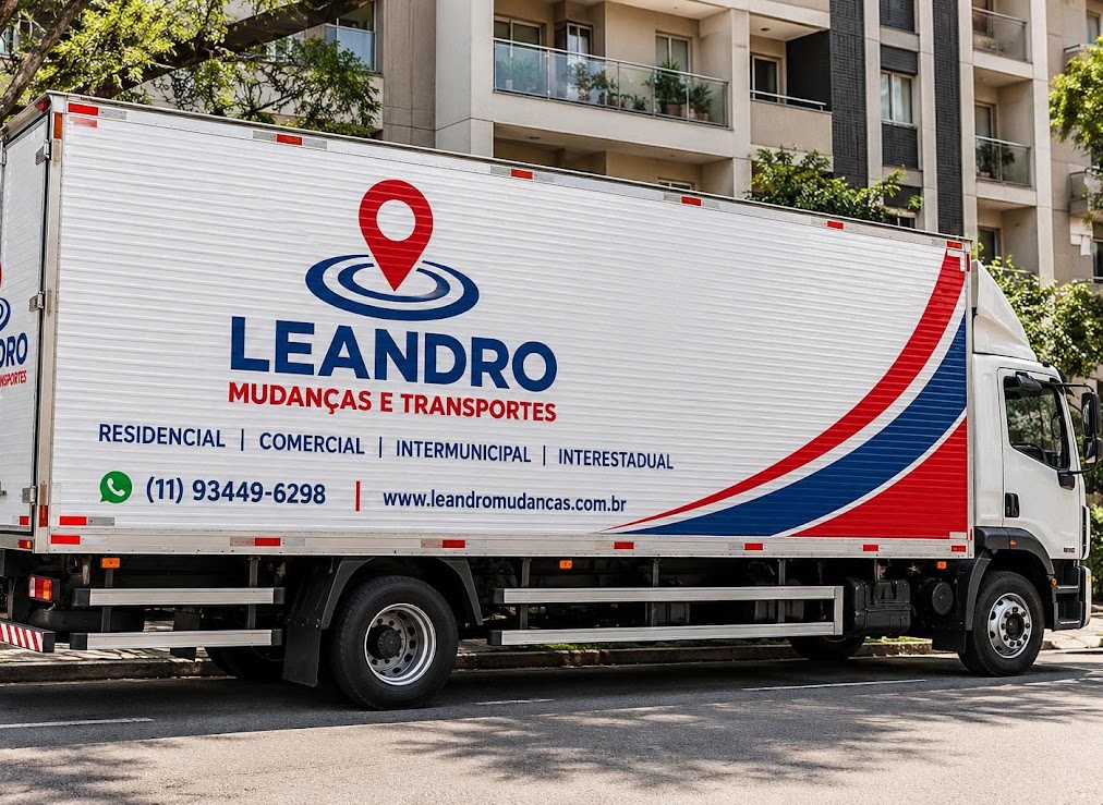 Caminhao baú da Leandro Mudanças estacionado na frente de um predio.
