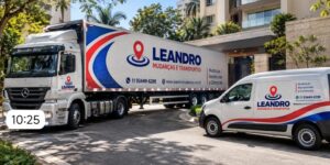 Caminhão baú Mercedes-Benz e veículo de apoio da Leandro Mudanças e Transportes em condomínio residencial, ilustrando o planejamento da vistoria remota de mudança.