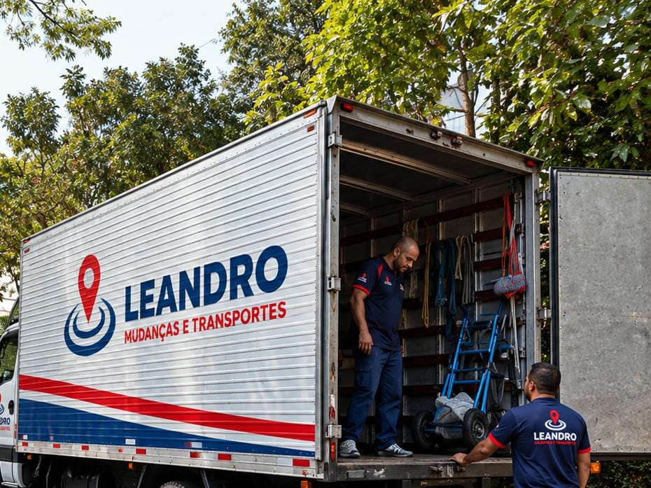Profissionais da Leandro Mudanças e Transportes junto ao caminhão baú aberto, ilustrando a importância de medir elevadores para a passagem de móveis grandes.