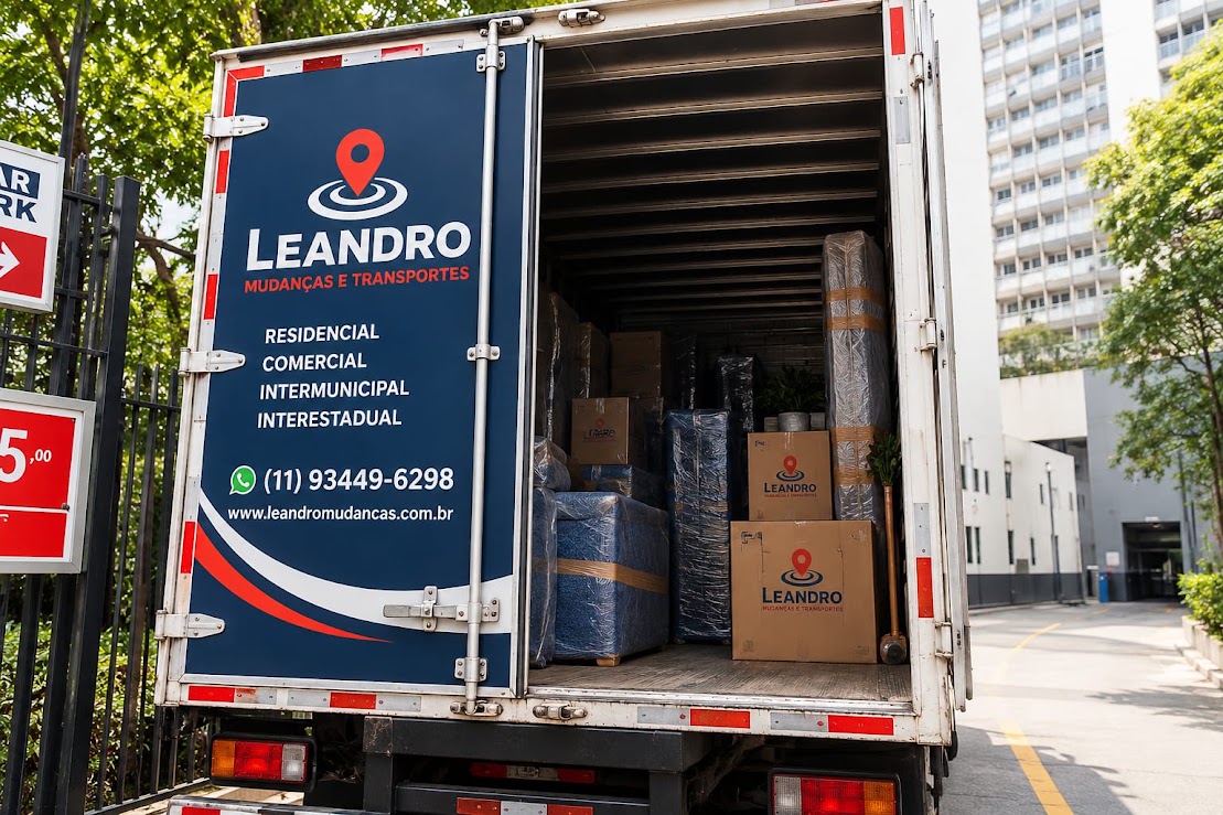 Caminhão baú vermelho da Leandro Mudanças e Transportes em frente a edifícios residenciais, ilustrando como registrar acessos do prédio antes da mudança.
